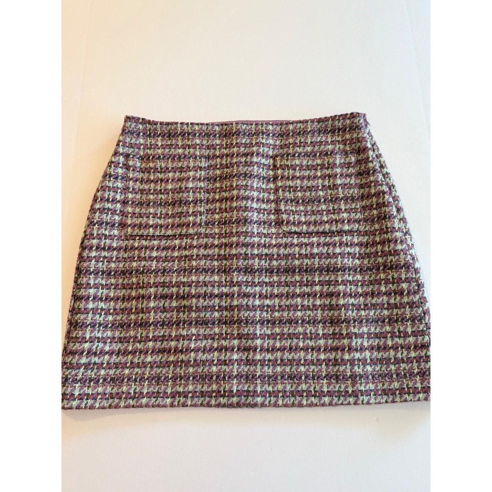 Loft Womens Purple Green Tweed Wool Blend Mini Skirt Size 8 Patch Pockets Lined
